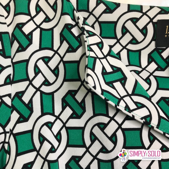 Laundry by Design Women's Shift Dress Green White Black Geometric V-Neck Sz 2 - Picture 5 of 8